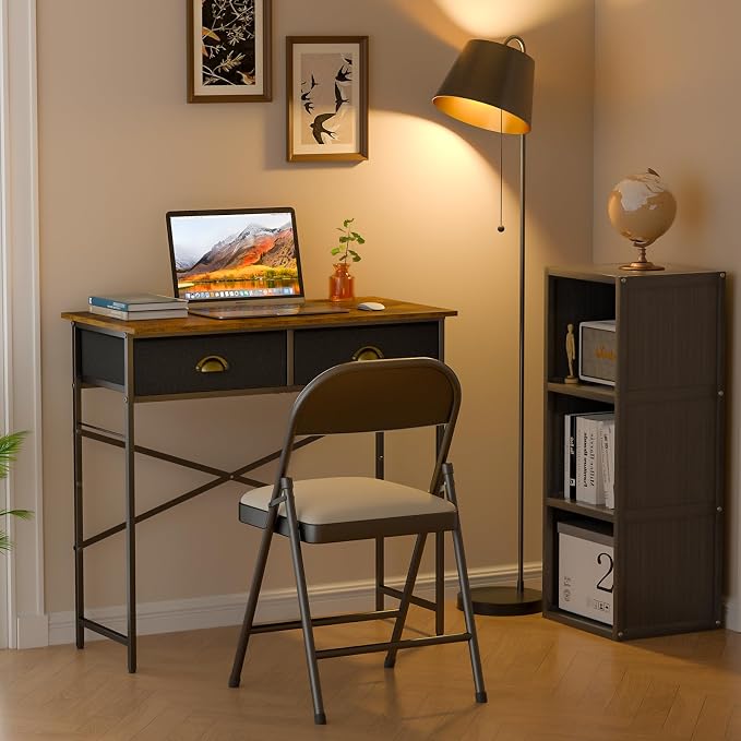 DAOUTIME Small Writing Desk for Kids Bedroom, 31.5 Inch Computer Desk for Small Spaces, Simple Desk with 2 Fabric Drawers for Home Office, Dorm, Living Room, Home Study Table, Rustic Brown