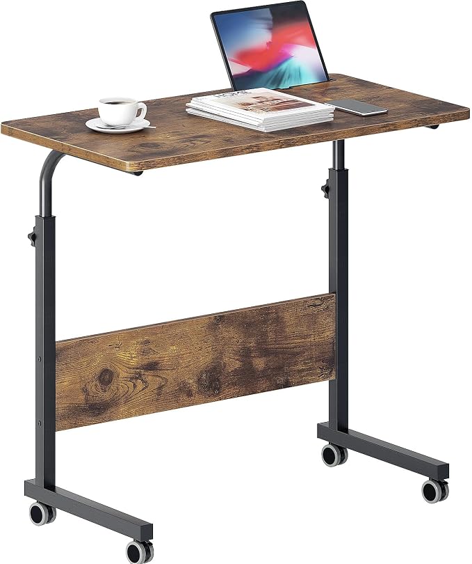 DlandHome Rolling Desk Adjustable Standing Desk, Mobile Side Table 31.4 Inches w/Wheels Adjustable C Table Movable Portable Laptop Computer Stand for Bed Sofa,Retro