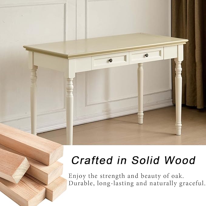 ADORZ Writing Desk with Drawers, 47 Inch French Country Desk Solid Wood Writing Desk for Home Office, Study Workspace or Bedroom (Off-White, 47 inches)