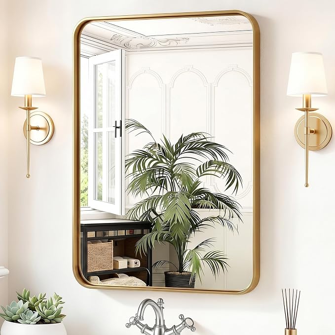Sweetcrispy Bathroom Wall Mirror, 36x24 Inch Wall Mount Mirror for Over Sink, Modern Rounded Rectangle Vanity Mirrors with Matte Metal Framed, for Home Decor, Living Room, Bedroom, Gold