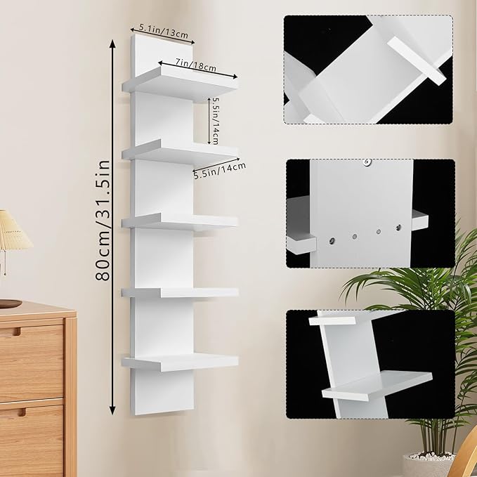 2 Pack 5 Tier Wall Shelf Unit - Narrow Smooth Laminate Finish - Vertical Column Wall Decor Mount Floating Storage Home Decor Organizer Tall Tower Utility Shelf for Bedrooms, Living Rooms,White