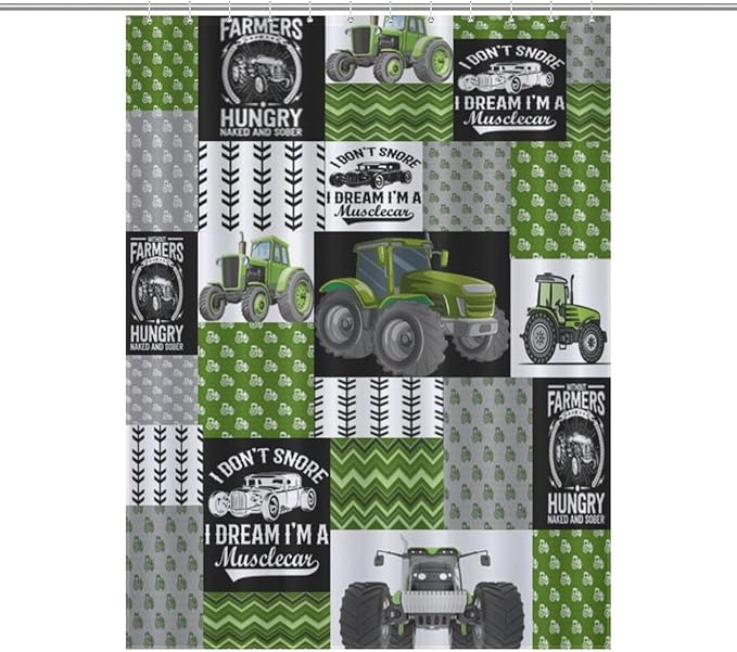 Tractor Shower Curtains Cartoon Farm Kids Tractor Boys Girls Truck Car Harvester Excavator Waterproof Shower Curtains for Bathroom Decor 12 Pack Hooks 55x72in（140x183cm）