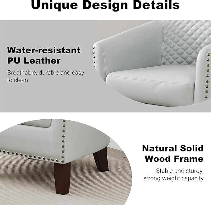 Accent Barrel Chair, Upholstered Faux Leather Club Chair with Nailed Trim, Comfy Reading Armchair for Living Room Bedroom Reception Room Office (White, Set of 1)