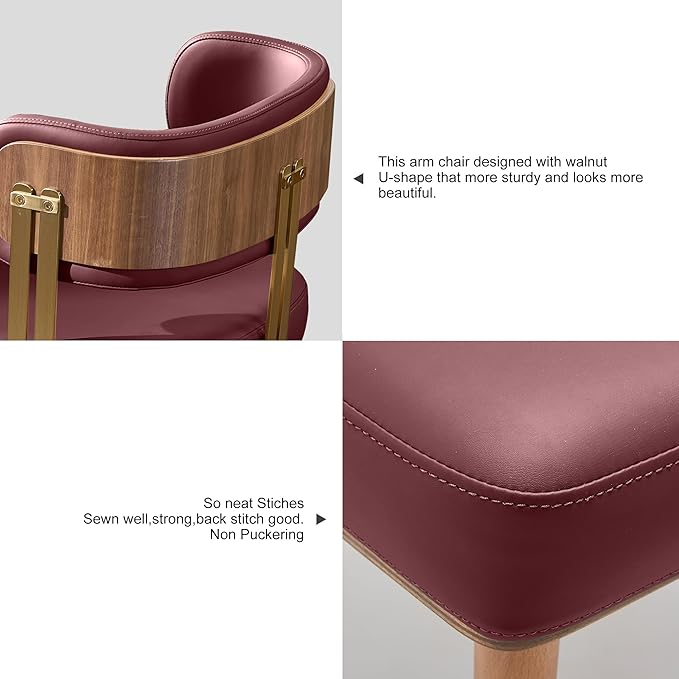 Modern Upholstered Leather Dining Chairs with High-Resilience Foam Cushion, Walnut Wood Veneer&Gold Metal Legs, 22Lx20.5Wx28.3H Inches, Anti-Slip Kitchen Chairs for Dining Room,Cherry