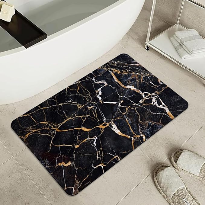 Bath Mat Rug,Black marble with yellow and white Non Slip Quick Dry Super Absorbent Thin Bathroom Rugs Fit Under Door-Easy to clean Bathroom Floor Mats-Shower Rug for Shower Sink Bathtub(20" x 31"In)