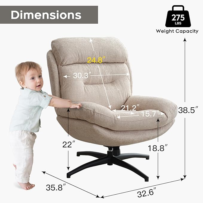 Swivel Accent Chair with Ottoman Set for Living Room, Chenille Comfy Reading Chair with High Back, TV Lounge Chair with 360 Degree Swiveling, Tilting for Bedroom, Modern Armchair with Footrest, Beige