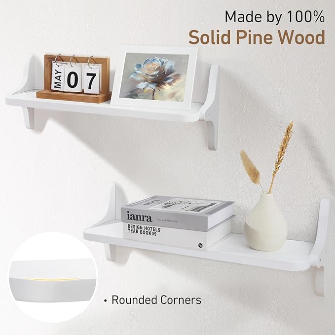 Wooden Floating Shelves for Wall, 23.6" W x 6" D x 0.8" H Large Wall Shelves, Hanging Storage Shelf with Sturdy Brackets for Living Room, Kitchen, Bathroom, Bedroom Decor, White, 2 Packs