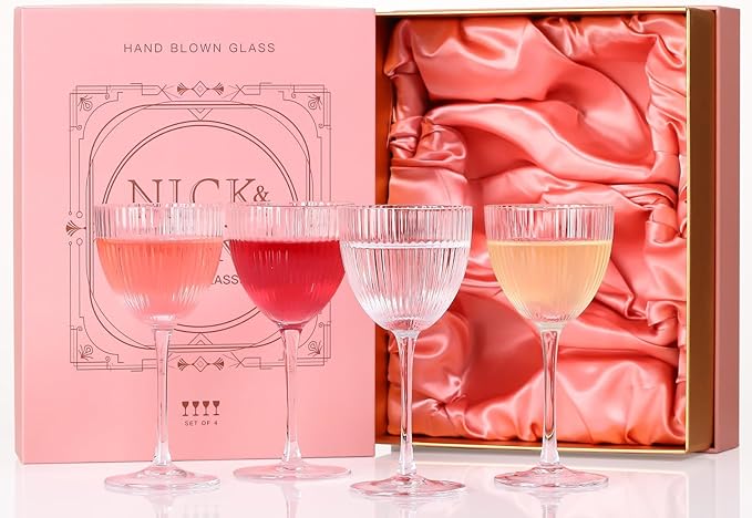 Nick and Nora Cocktail Glasses - Pink Martini Glasses, Ribbed Coupe Glasses Set of 4, 5 Oz,Valentines Day Gifts For Her,Vintage Art Deco Glassware With Pink Gift Box