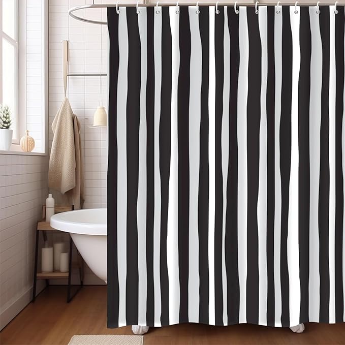 Black and White Shower Curtain, Striped Boho Minimalist Modern Waterproof Fabric Machine Washable for Bathroom Decor Bathtub with Hooks 72x72