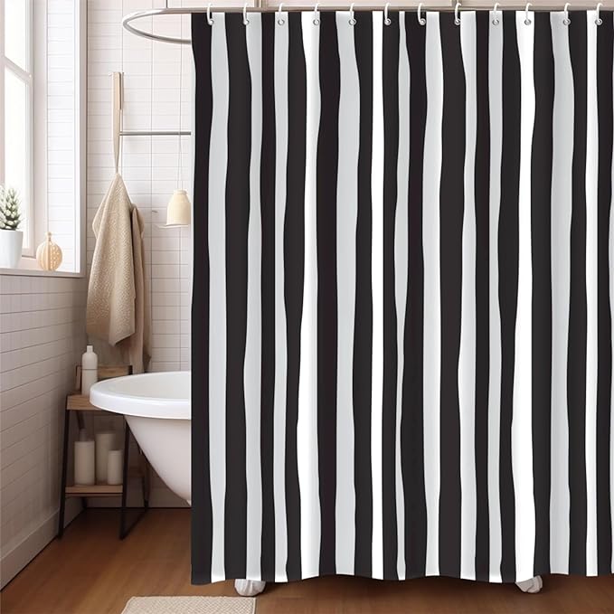 Black and White Extra Long Shower Curtain, Striped Boho Minimalist Modern Waterproof Fabric Machine Washable for Bathroom Decor Bathtub with Hooks 72Wx84H