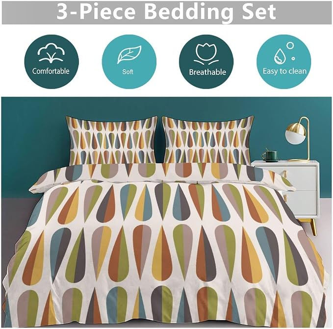 Mid Century Bedding Set,Modern Colorful bstract Geometric Drop Shapes Retro 1950s 1960s Geometry Pattern Comforter Set with Pillowcase for Bedroom Bed Decor,King 102"x90"