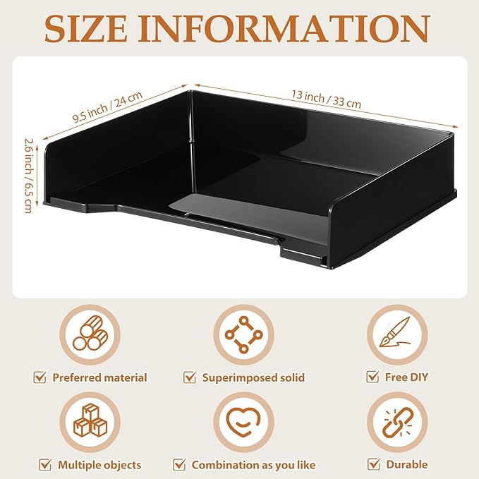 DoubleFill 6 Pcs Stackable Letter Tray Rectangular Plastic Desk Organizer 13 x 9.5 x 2.6 in Paper Holder File Tray Accessories Rack for Desktop Office Desk Drawers (Black)