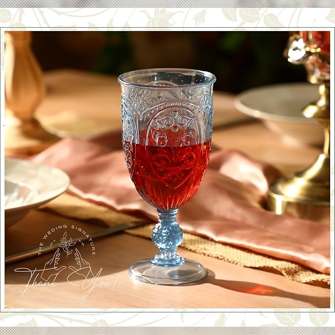 18 Pack Plastic Goblets 10oz Upgrade Vintage Water Goblet Plastic Wine Glasses Colored Retro Embossed Glassware for Party Wine Bar Juice Baby Shower Wedding Reception Grand (Blue)