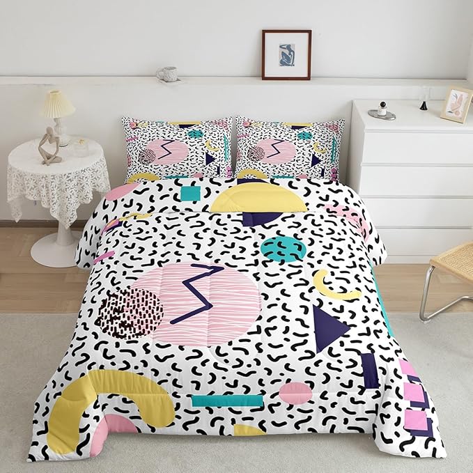 Manfei Memphis Comforter Set Full Size, Vintage Hip Hop Quilt Set with 2 Pillowcases, Retro 80s or 90s Geometric Fashion Style Bedding Set 3pcs for Kids Boy Girls Lightweight Duvet Insert