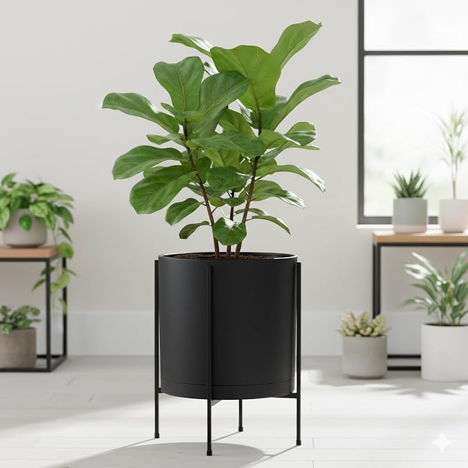 D'vine Dev 14 Inch Black Planter Pot with Stand – Modern Plastic Cylinder Flower Pot with Heavy-Duty Metal Stand for Indoor Plants, 55-D-B-4