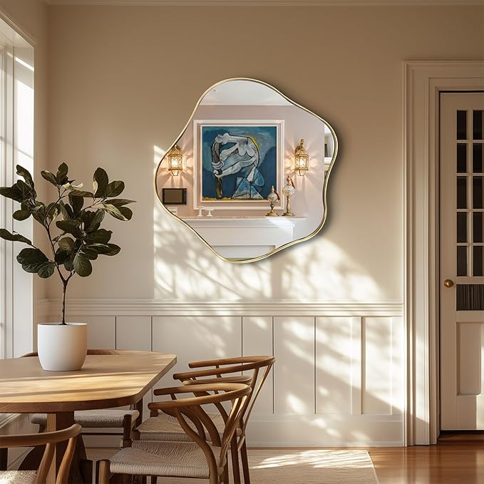 Asymmetrical Mirror, 28" Irregular Round Mirror with Gold Metal Frame, Modern Scalloped Wall Mirrors Decorative, Wavy Shaped Mirrors for Living Room Bathroom Bedroom Hallway Entryway