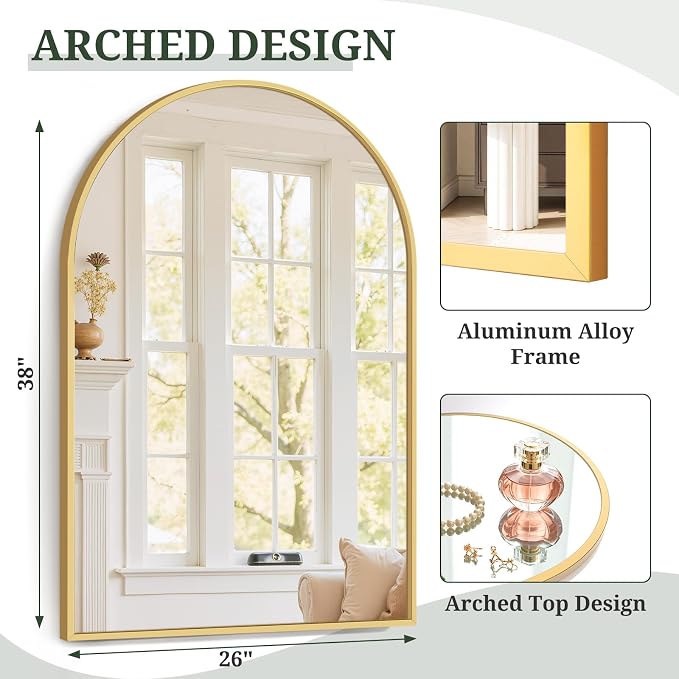 Arched Wall Mirror 38x26 Inch Gold Bathroom Vanity Mirror with Metal Frame, Modern Arch Mirror for Bedroom, Living Room, Entryway, Wall Mounted Decorative Mirror