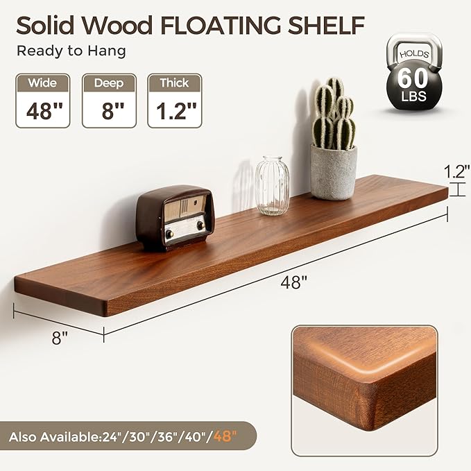 Fun Memories 48 Inch Floating Shelves, Rustic Solid Wood Wall Shelves Set of 1, 8 Inch Deep Floating Shelf for Bathroom, Bedroom, Heavy-Duty Wooden Shelf Wall-Mounted for Home Decor & Storage