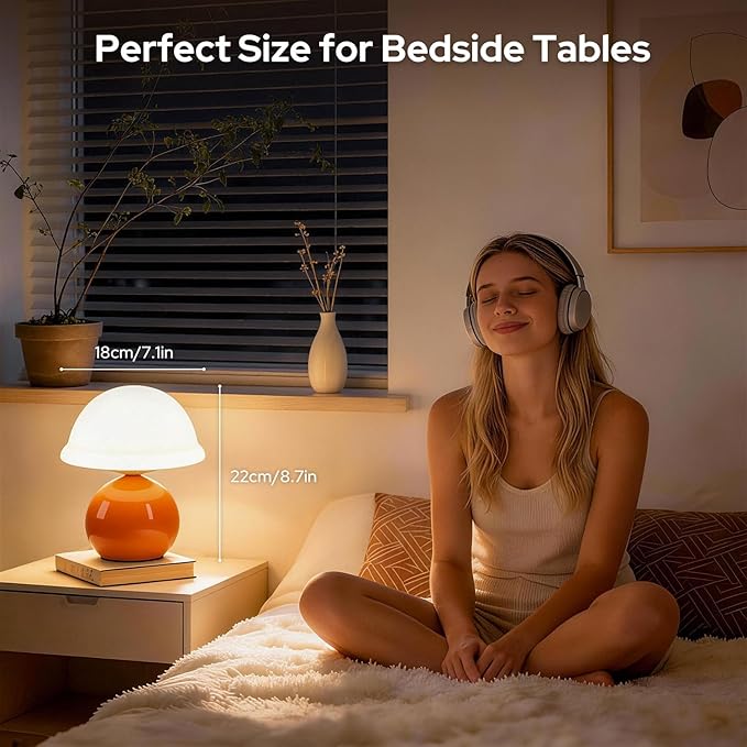 Mushroom Table Lamp for Bedroom, Cozy Bedside Lamp with Glass Shade, Stepless Dimmable Nightstand Lamp for Relaxing Bedroom Decor & Aesthetic Home (Orange)