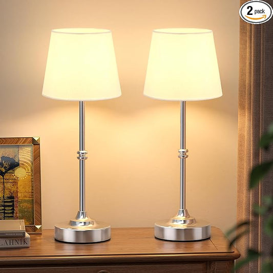 Kakanuo Rechargeable Cordless Table Lamp Silver - 2 Pack 4000mAh Battery Operated Lamp, 3000K Warm Light, Touch Control Stepless Dimming, for Bedside, Dining Table, Home Decor