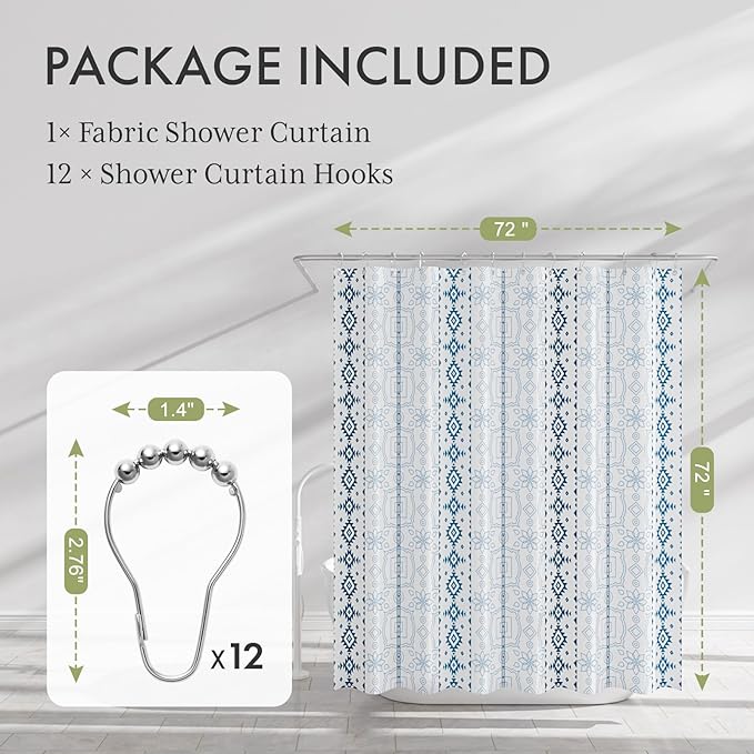 AmazerBath Boho Shower Curtain, 72x72 Washable Cloth Navy and White Shower Curtains for Bathroom, Fabric Rustic Neutral Shower Curtain Set with 12 Hooks, Modern Camper RV Dorm Stall Shower Curtain