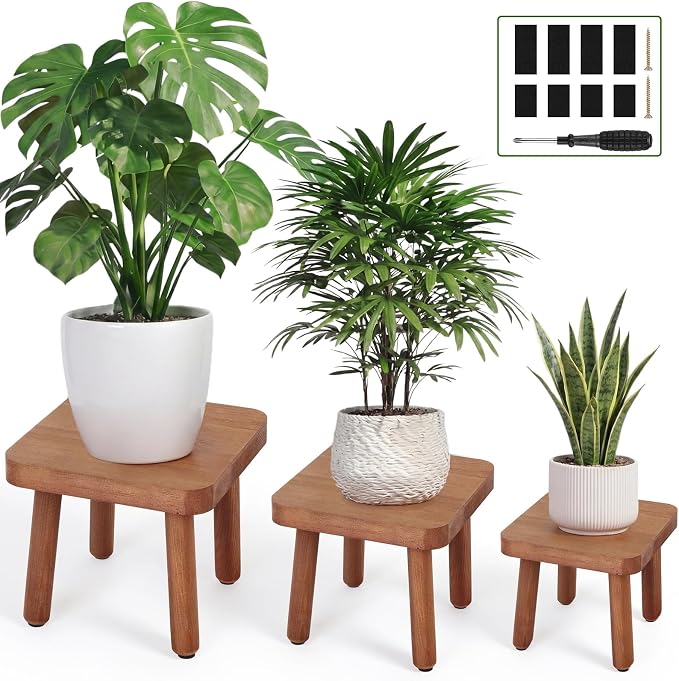 Pinkunn 3 Pcs Wood Plant Stand Indoor Plant Stand for 3-12 Inch Pots Mid-century Modern Plants Stool Plants Pot Holder Home Decor for Balcony Living Room Office Courtyard Detachable(Square Style)