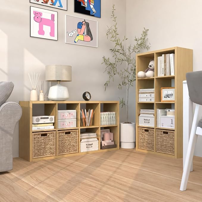 Endearing Limons【2026 Wooden Thick Border 8 Cube Shelf Storage Organizer with Anti-Tipping Kits + Reversible Open Back Bookcase (11 x 11 Unit Cell Oak)