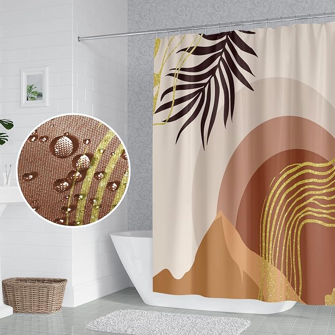 Abstract Mid Century Boho Bathroom Shower Curtain with Eucalyptus Leaves Gold Lines Mountains, Waterproof Polyester Fabric, 72x96 Inch