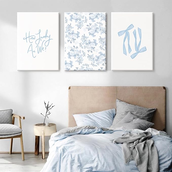 Blue Bow Wall Art Floral Canvas Wall Decor Coquette Flower Wall Art Trendy Aesthetic Poster Girly Preppy Pictures Blue Floral Prints for Living Room Bathroom 12x16 Inch Framed Set of 3