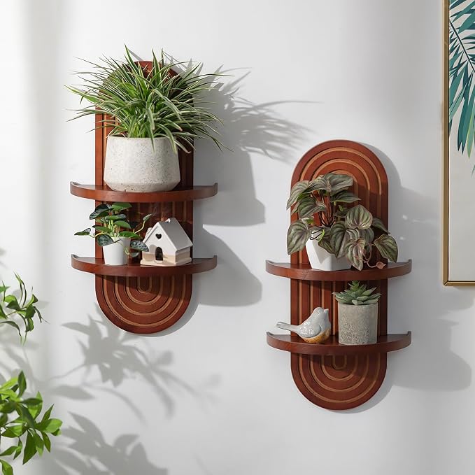 Mid Century Wall Shelves with Ledge: 22inch Large 2-Tier Walnut Boho Floating Shelves Arched Modern Wall Decor for Bathroom Bedroom Living Room Entryway