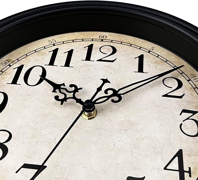Plumeet Small Retro Wall Clock, 10'' Non Ticking Classic Silent Vintage Wall Clocks Decorative Kitchen Living Room Bedroom - Battery Operated, Black