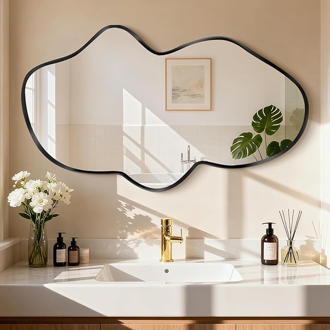 Irregular Wall Mirror, Black Bathroom Wavy Abstract Mirror for Over Sink, Decorative Cloud-Shaped Wall Mirror, Stylish Shatter-Proof HD Mirror for Bedroom, Entryway (24"x39", M, 1 Pack)