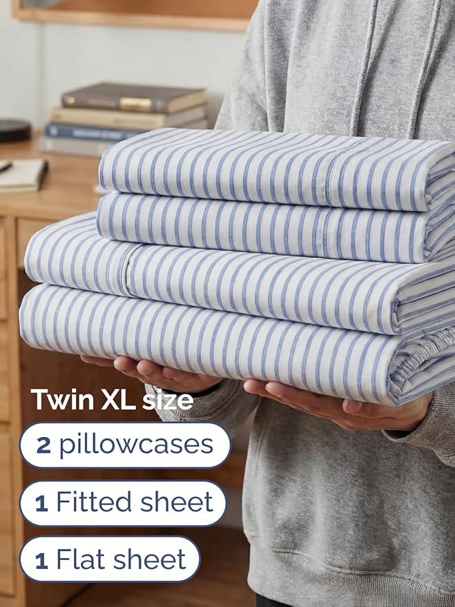 Extra Deep Twin XL Sheet Set - 4 Piece College Dorm Bed Sheets Set with Extra Deep Pockets - Ultra-Soft, Comfy & Breathable Bedding for Women, Men, Kids & Teens - Wrinkle & Fade Free - Blue Stripes 2