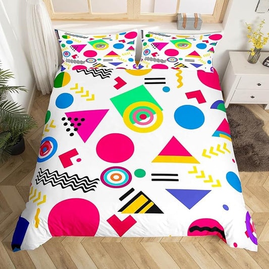 80s Bedding Set Memphis Pattern Old Fashion Comforter Cover,Vintage 90s Memphis Style Duvet Cover Abstract Geometric Pattern Retro Bed Set Full,Rainbow Urban Modern Circles Triangle Room Decor