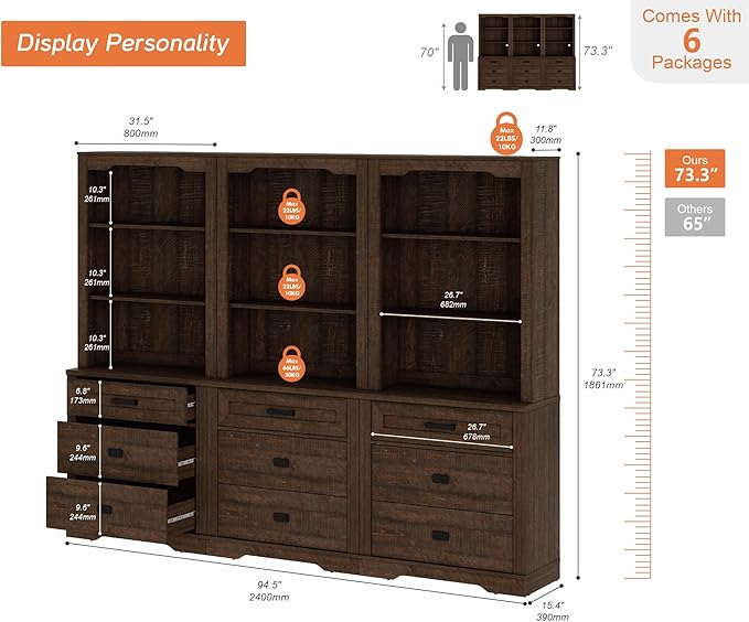 WAMPAT 3 Column 73.3" Tall Bookcase with Chest of Drawers, 94.5 inch Wide Standing Rustic Bookshelves, Modern Farmhouse Display Storage Cabinet with Adjustable Shelves,Dark Wood Brown