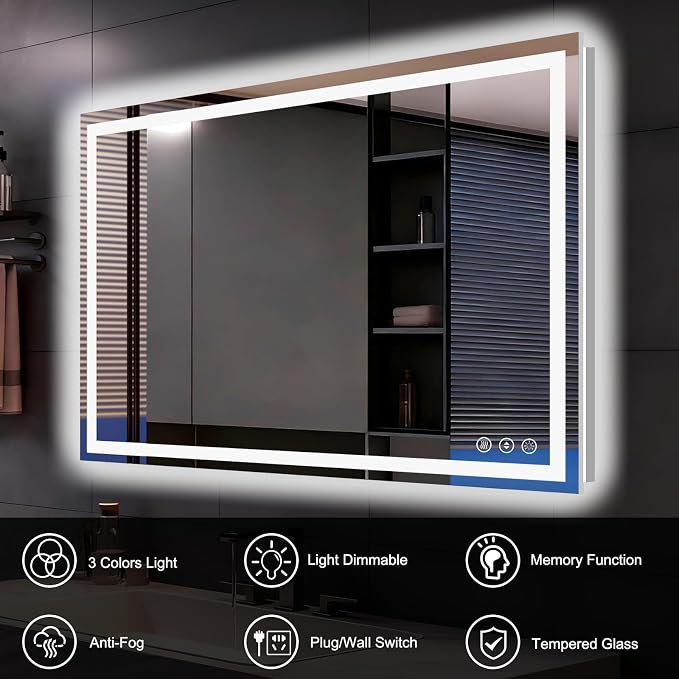 WTTY 40"x28" LED Bathroom Mirror with Lights, Backlit and Front Lighted Bathroom Vanity Mirrors for Wall, Anti-Fog, Dimmable Wall Mirrors for Bathroom, Memory, Tempered Glass, Double LED Vanity Mirror