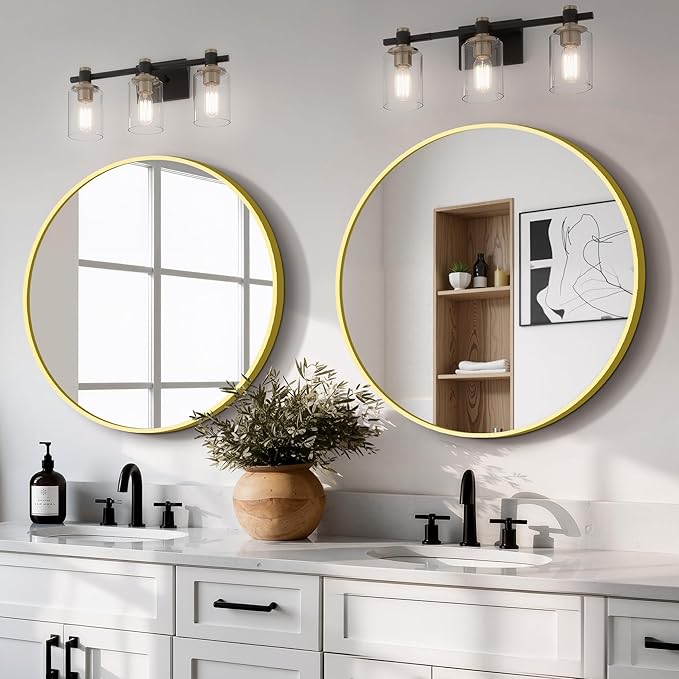Round Bathroom Mirror for Wall, 2 Pack 22 inch Circle Bathroom Mirrors for Over Sink, Modern Circular Metal Frame for Vanity, Entryway, Bedroom, Living Room(Gold)