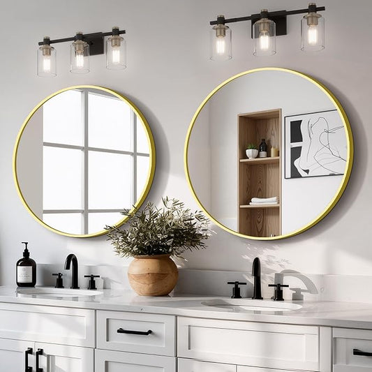 Round Bathroom Mirror for Wall, 2 Pack 22 inch Circle Bathroom Mirrors for Over Sink, Modern Circular Metal Frame for Vanity, Entryway, Bedroom, Living Room(Gold)