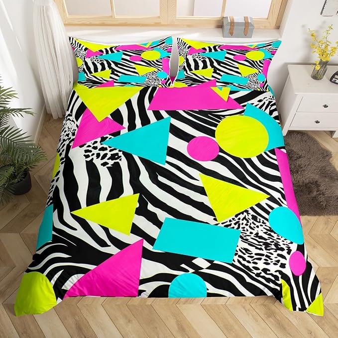 Memphis Duvet Cover Set King Size,Geometric Circle Triangle 80s 90s Hip Pop Bedding Set for Boys Girls,Leopard Print Zebra Skin Comforter Cover,Hippy Fashion Quilt Cover,2 Pillowcases(No Filler)