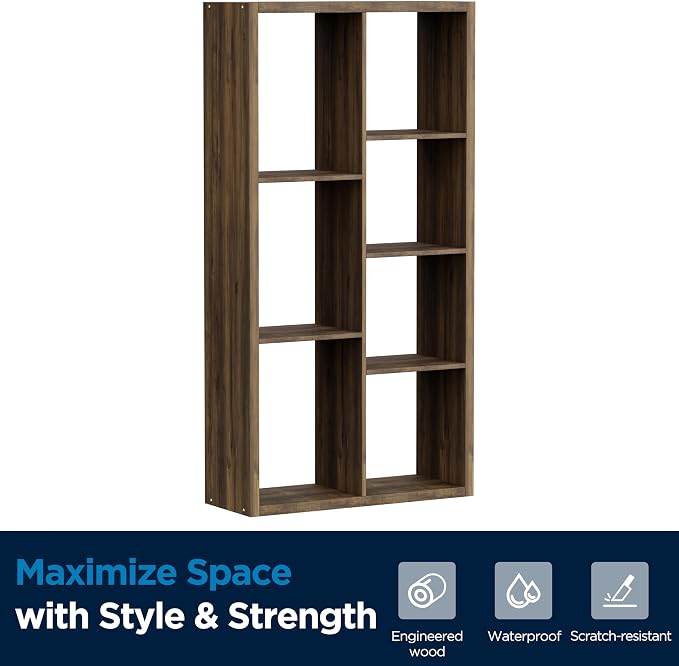 7 Cube Storage Organizer, Cube Shelf with Heavy-Duty Thick Boards, 25.12" L x 9.37" W x 48.74" H, Smooth Easy-Clean Panels, Simple Assembly, for Living Room Bedroom, Brown