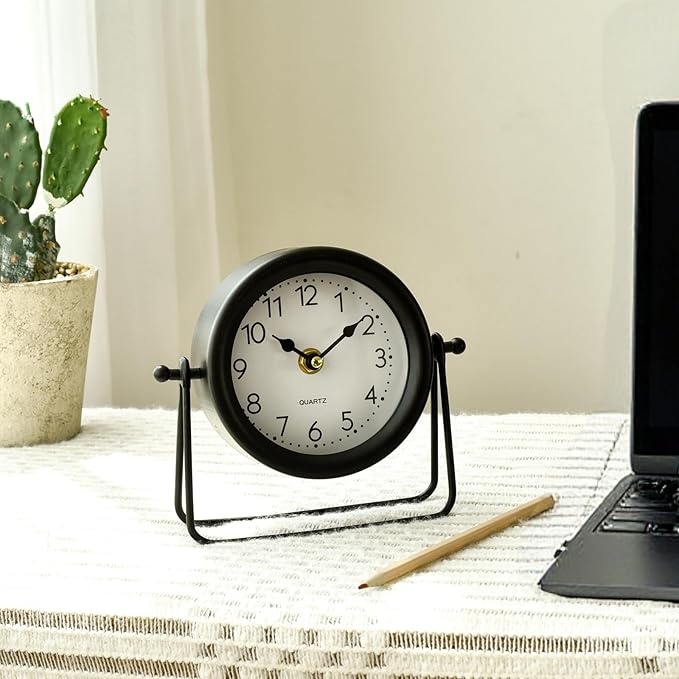 EMAX HOME Small Black Desk and Shelf Clock, 5.9*6.9 Inch Retro Elegant Tabletop Clock with Glass Cover, Silent Non-Ticking Battery Operated Decorative Clock for Living Room, Office, Bedroom, Gift Idea