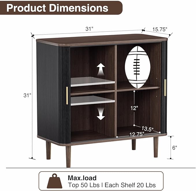 AKMAKM 35" Fluted Accent Buffet Cabinet, Black Small Storage Sideboard with Sliding Door, Mid Century Modern Credenza with Solid Wood Leg, Wine Coffee Bar Console Table for Kitchen, Entryway, Living
