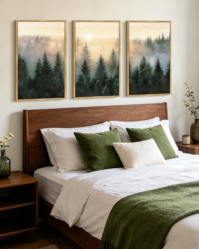 KUVIOKE Sun Dawn Fog Pine Tree Framed Wall Art Morden Nature Nordic Forests Artwork Bedroom Decor 24x36in (Natural Framed)