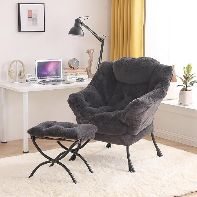 Tiita Lazy Chair with Ottoman, Modern Large Accent Lounge Chair, Leisure Sofa Armchair with Ottoman, Reading Chair with Footrest for Bedroom, Living Room, Dorm Rooms, Garden, Plush-dark Grey