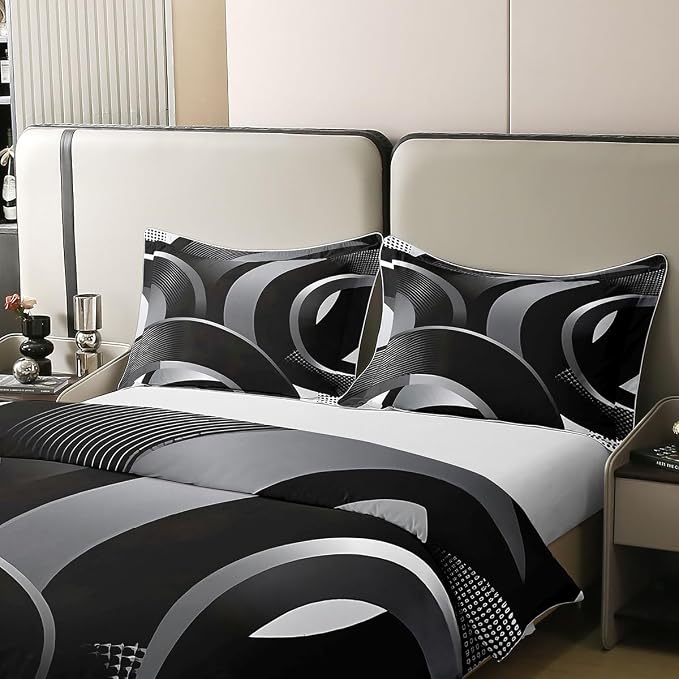 Erosebridal Gray Black White Spiral Bedding Set Queen Swirls Stripes Geometric 100% Cotton Duvet Cover Minimalists Boho Comforter Cover for Kids Teens Adults Graffiti Art Lines Bed Set 3 Pcs