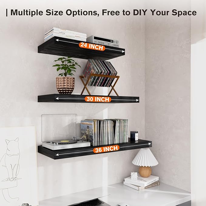 Floating Shelf, Set of 1 Wall Shelf, 30 in W x 12.75 in D x 2 in H Wooden Floating Wall Shelf with Invisible Brackets for Living Room/Bedroom/Bathroom/Kitchen Storage and Decor, Black Wood