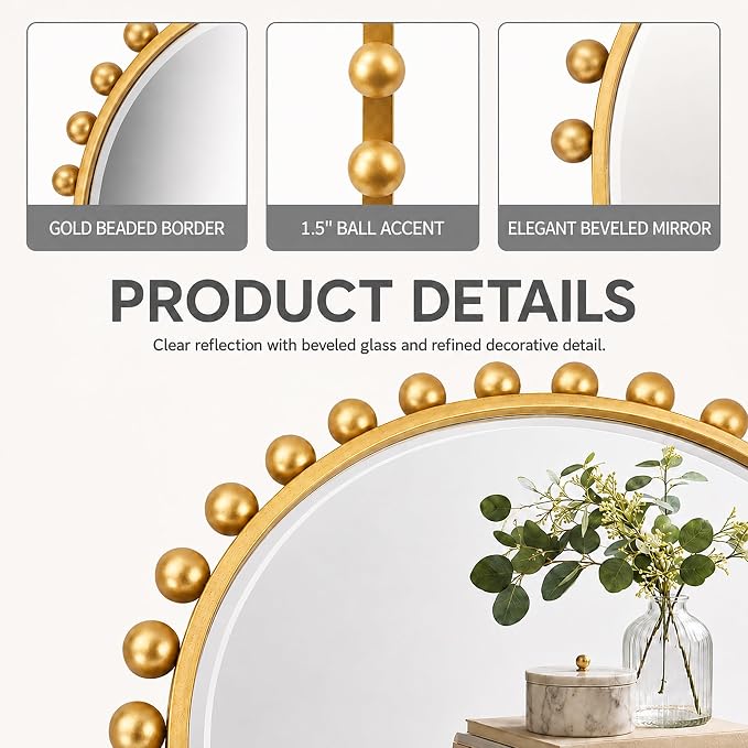 24x36 Inch Arched Wall Mirror with Antique Gold Ball Frame, Beveled Arched Decorative Wall Mirror, Vintage Gold Accent Mirror for Living Room, Entryway, Bedroom, Hallway & Over Console Decor