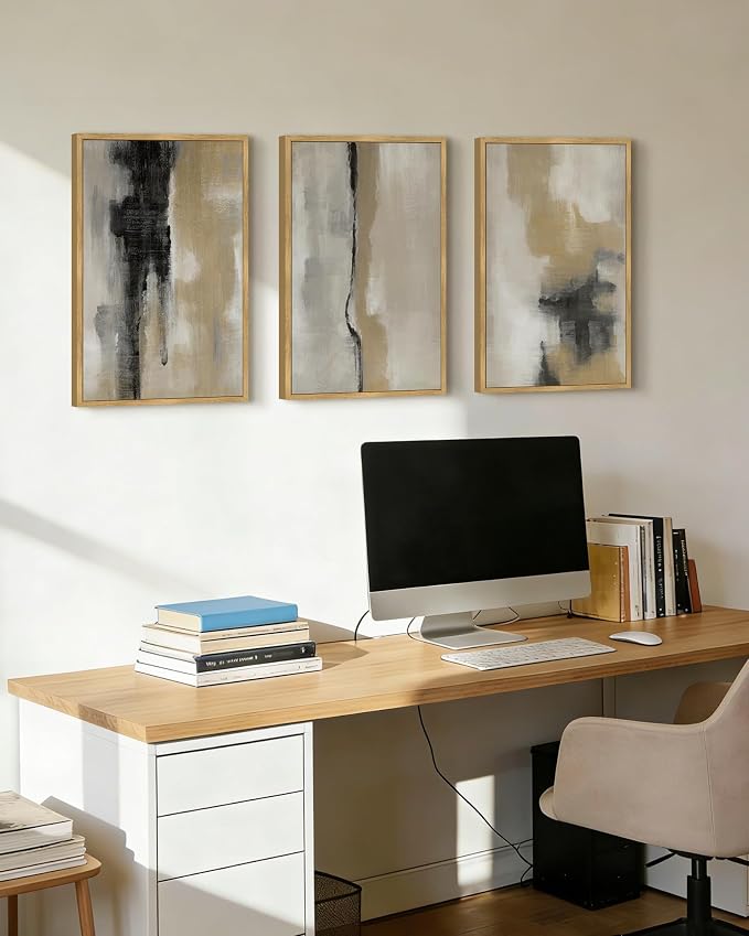 KUVIOKE Black Abstract Framed Wall Art Neutral Graffiti Pastel Minimalist Wall Decor Modern Art Painting for Bedroom Living Room 16x24in (Natural Framed)