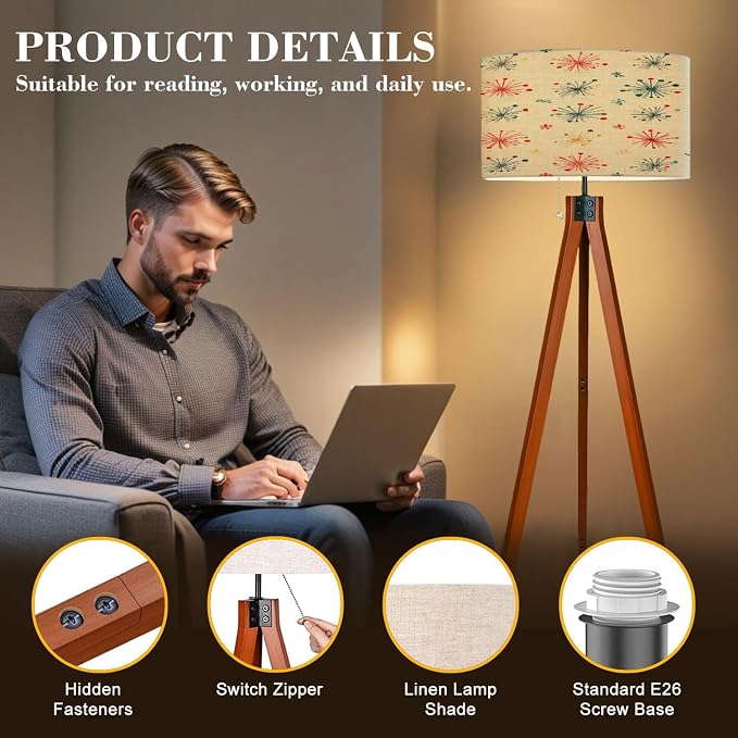 Wood Tripod Floor Lamp Seamless Mid Century Modern Retro Mid Century Standing Lamp Linen Shade Dimmable Modern Tall lamp Home Decor for Living Room Bedroom Office