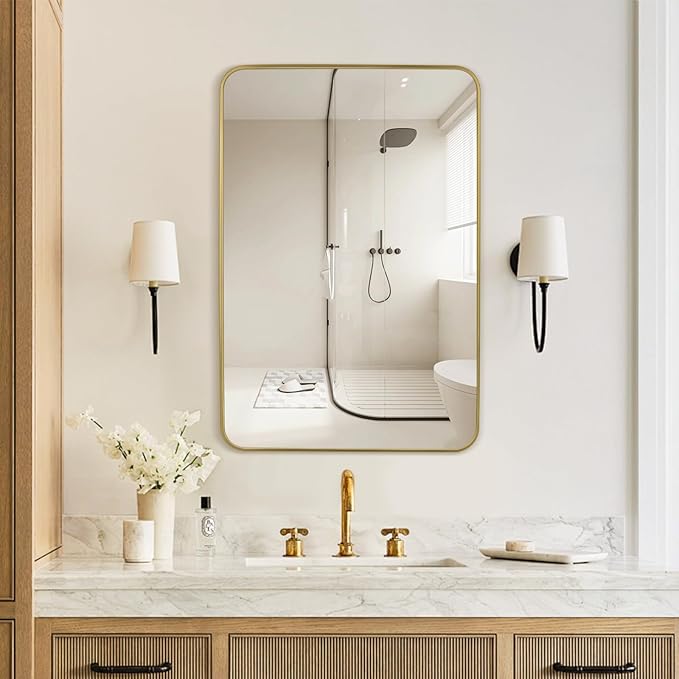 Gold Mirror Bathroom 20X30 Inch Stainless Steel Metal Frame Brushed Gold Mirrors for Wall Vanity Mirror Rounded Rectangle Mirror Rustproof 1’’ Deep Wall Mounted Hangs Vertically or Horizontally